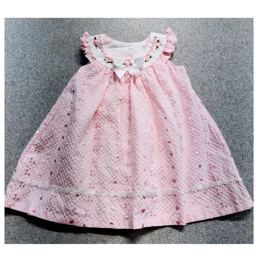 Bonnie Baby Girls 18M Pink Floral Eyelet Gingham Dress Lace Rosettes Bow Girly